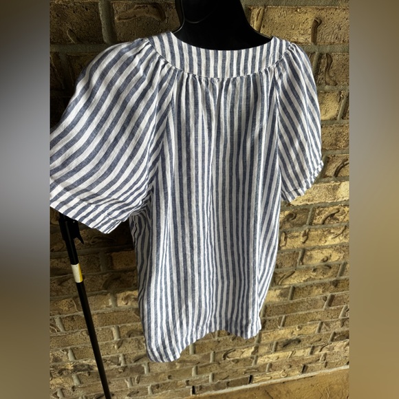 J. Crew Flutter-Sleeve Linen V-Neck Top Medium Blue White Stripe - Picture 8 of 14